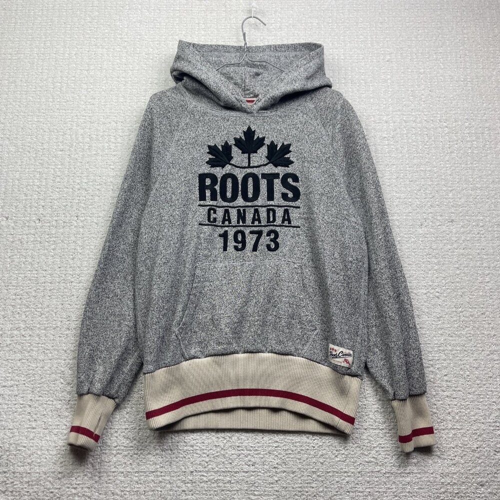 Roots Canada Cabin 1973 Grey Hoodie Sweater Pullover Size M Cozy Cabin Winter